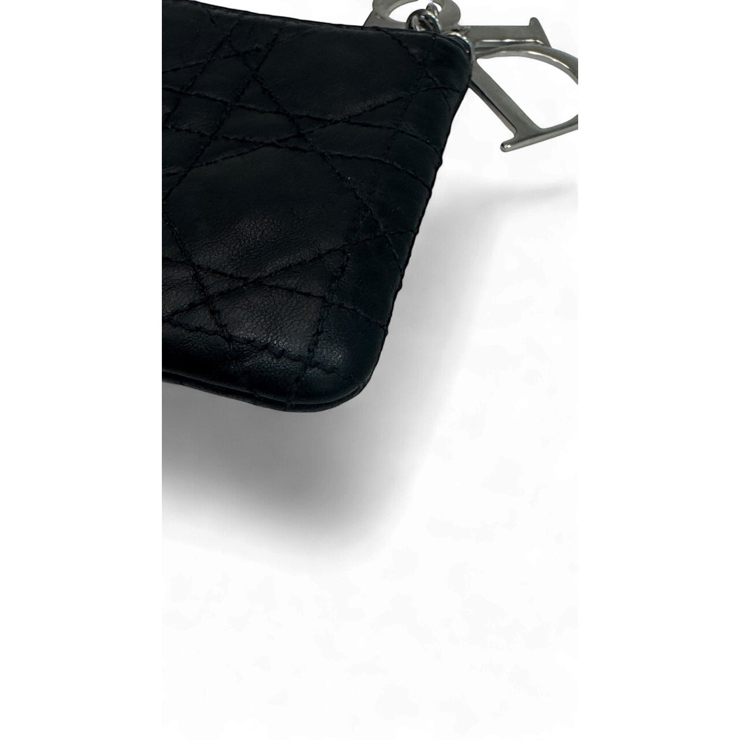 Christian Dior Cannage Quilted Black Leather Zip Pouch Dior Charm