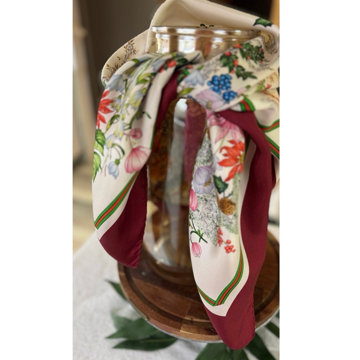 Rare Vintage Gucci Flora Silk Scarf – Burgundy Border, Birds, Rare Ladybug