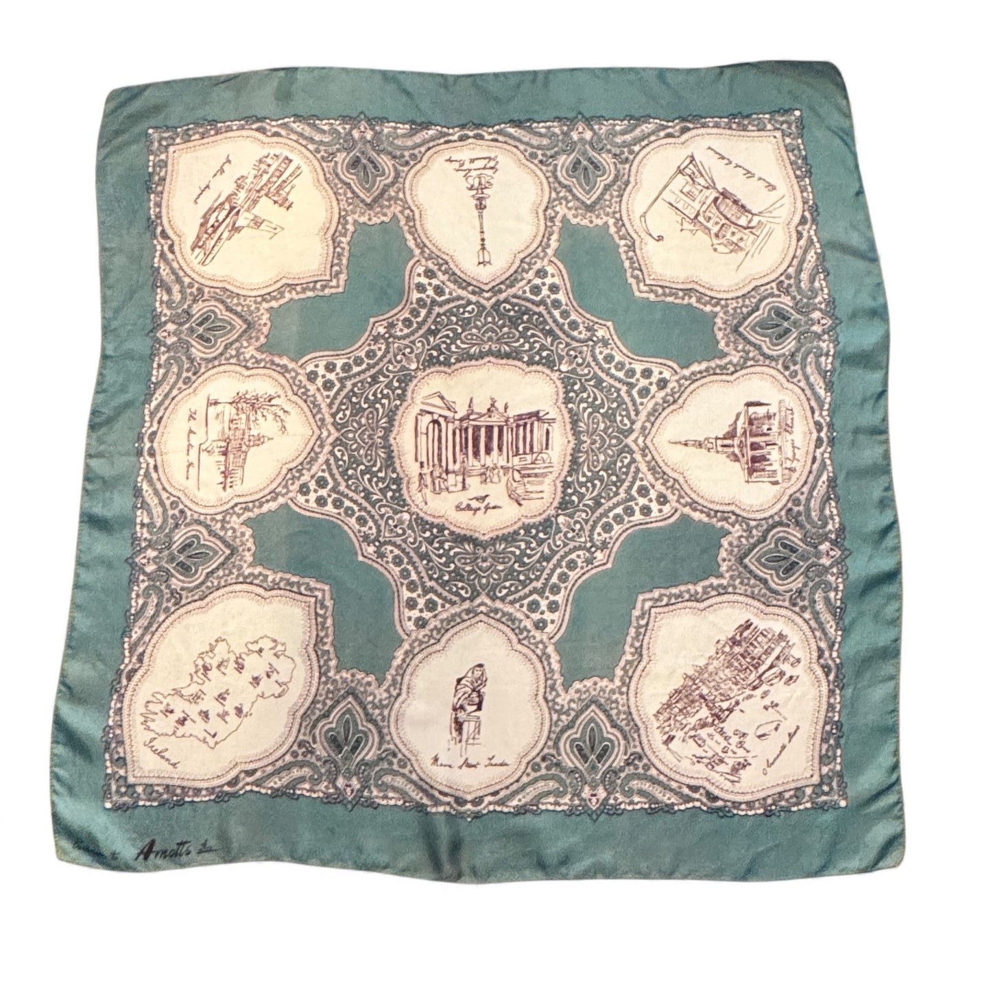 Vintage 1958–62 Arnotts Dublin Silk Scarf Irish Landmarks Map & Paisley Border