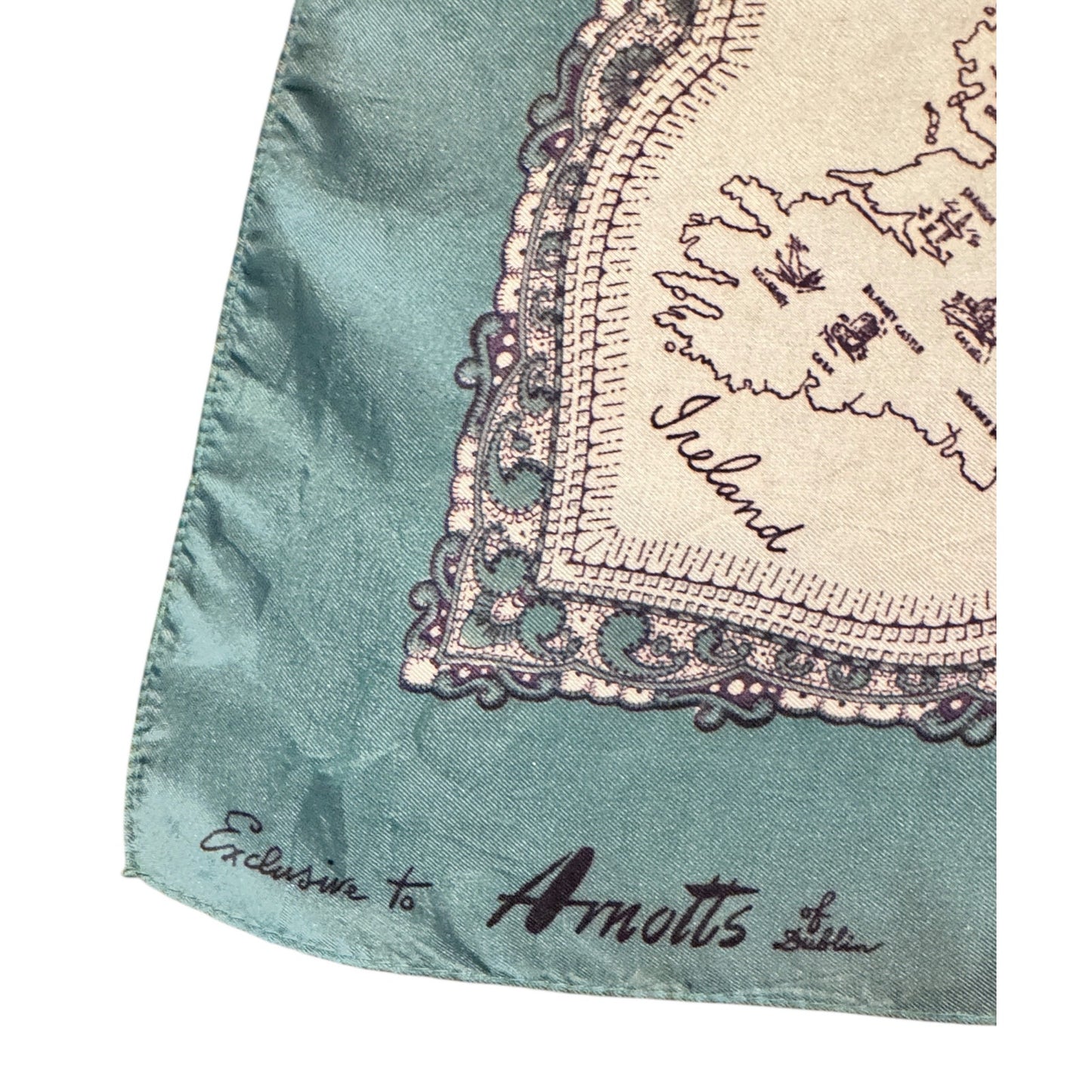 Vintage 1958–62 Arnotts Dublin Silk Scarf Irish Landmarks Map & Paisley Border