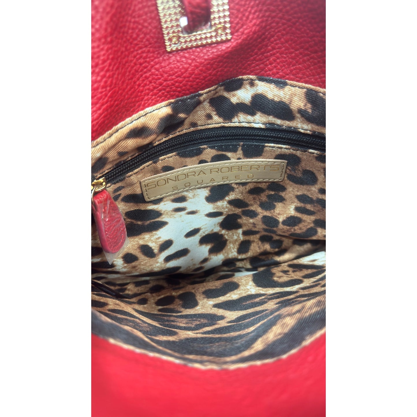 Sondra Roberts Squared Red Foldover Clutch Crossbody Leopard Lining