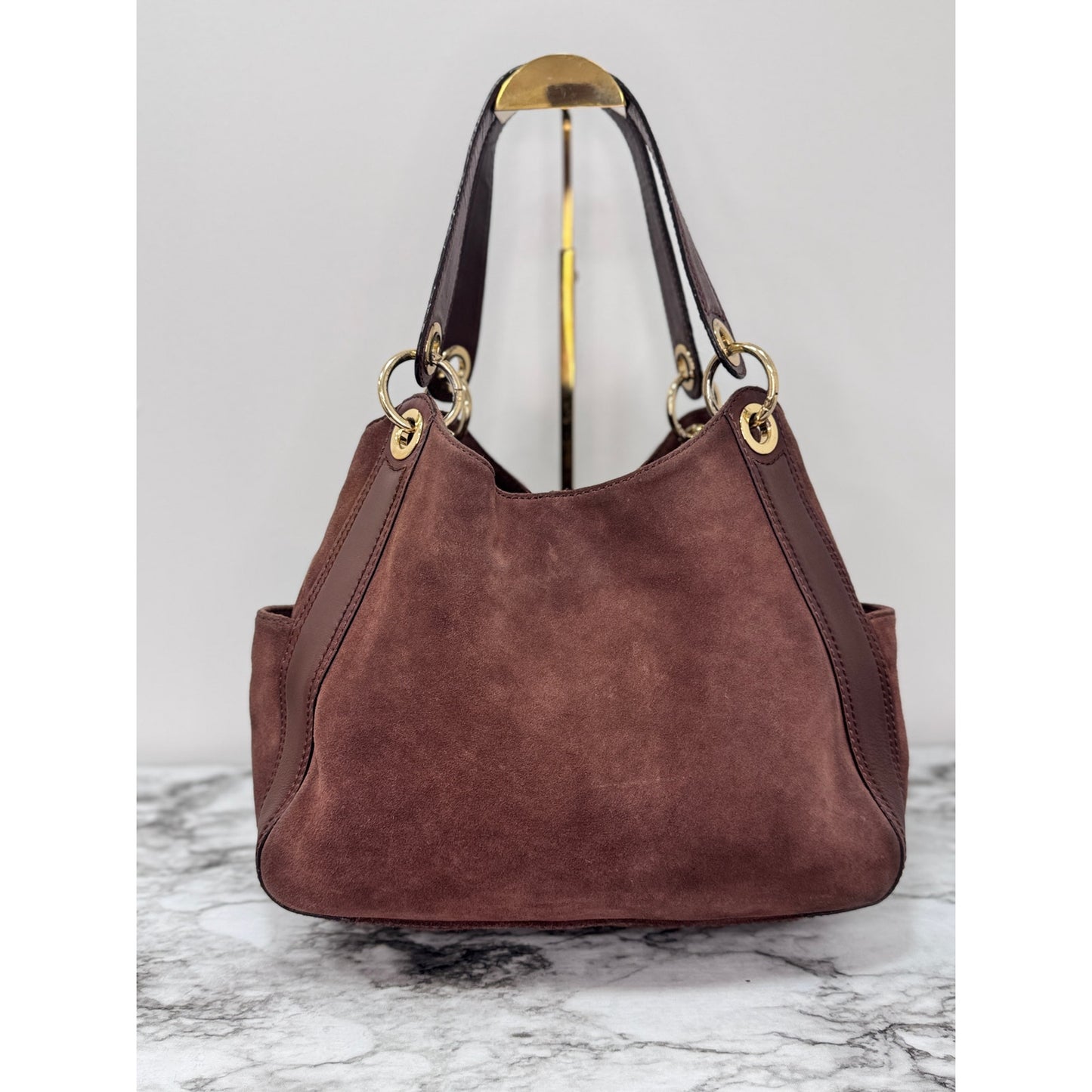 Michael Kors Brown Suede Leather Hobo Shoulder Bag | Gold Hardware, Pockets