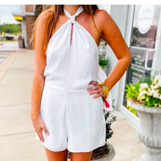 White Knot Detail Halter Romper - Size Large - NWOT