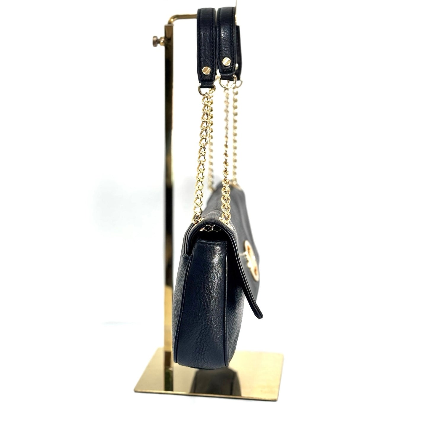 Michael Kors Fulton Flap Black Leather Shoulder Bag Gold Chain Strap