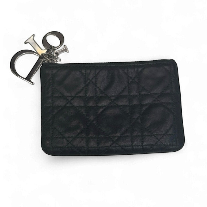 Christian Dior Cannage Quilted Black Leather Zip Pouch Dior Charm