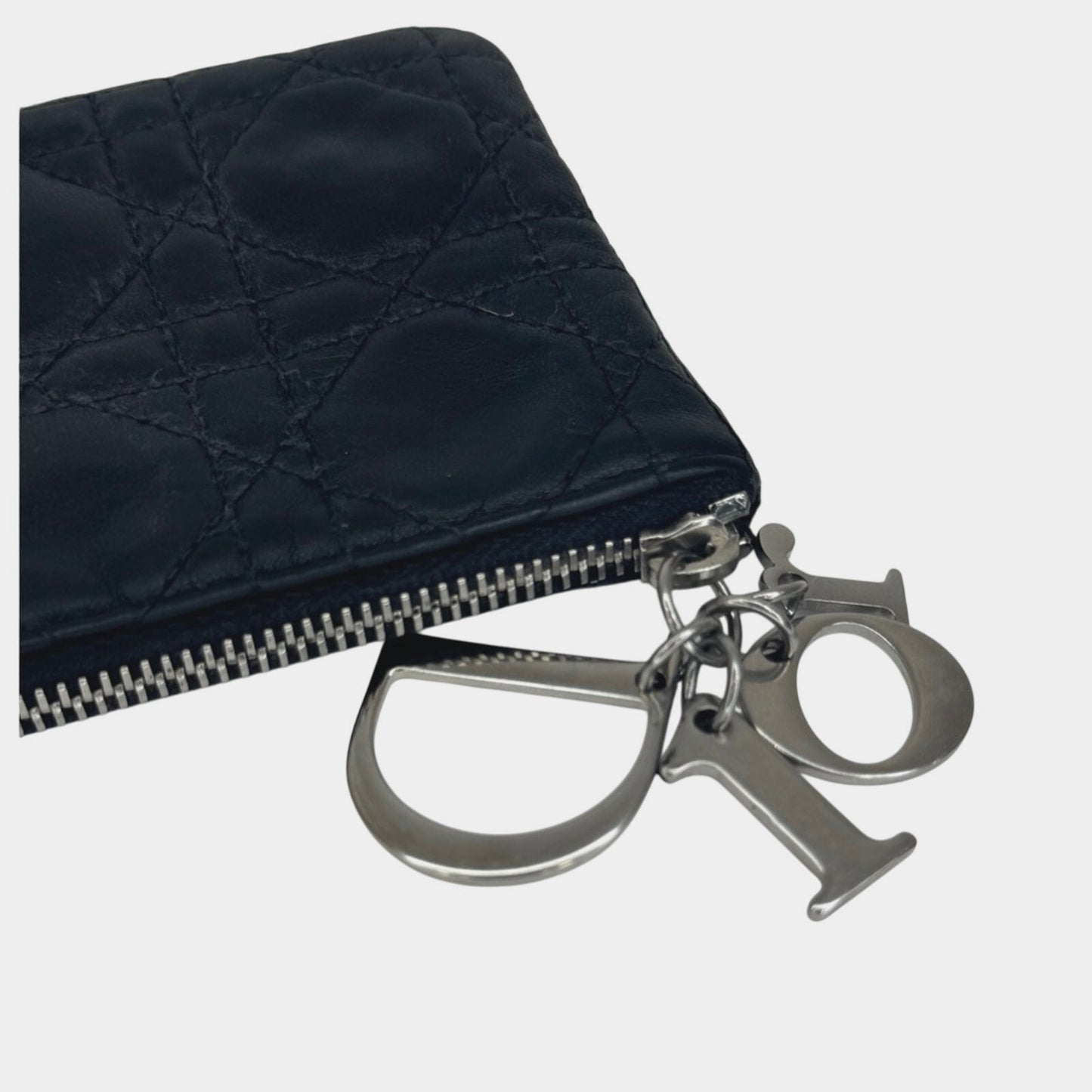 Christian Dior Black Lambskin Leather Zip Wallet Card Key Holder