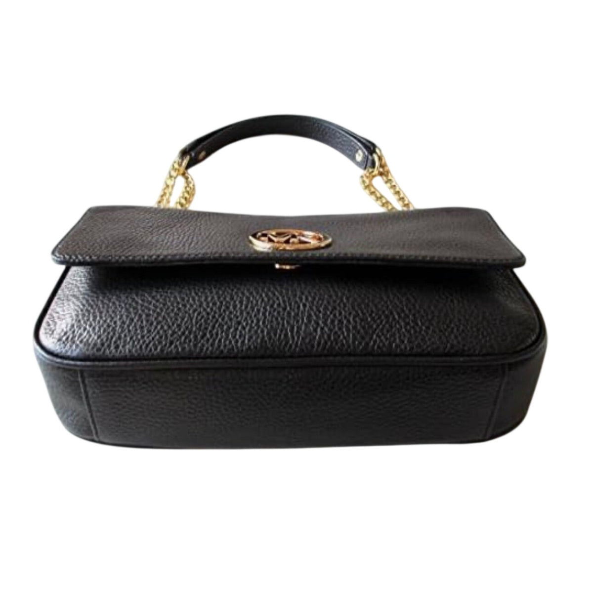 Michael Kors Fulton Small Black Leather Flap Shoulder Bag Gold Tone Chain Strap