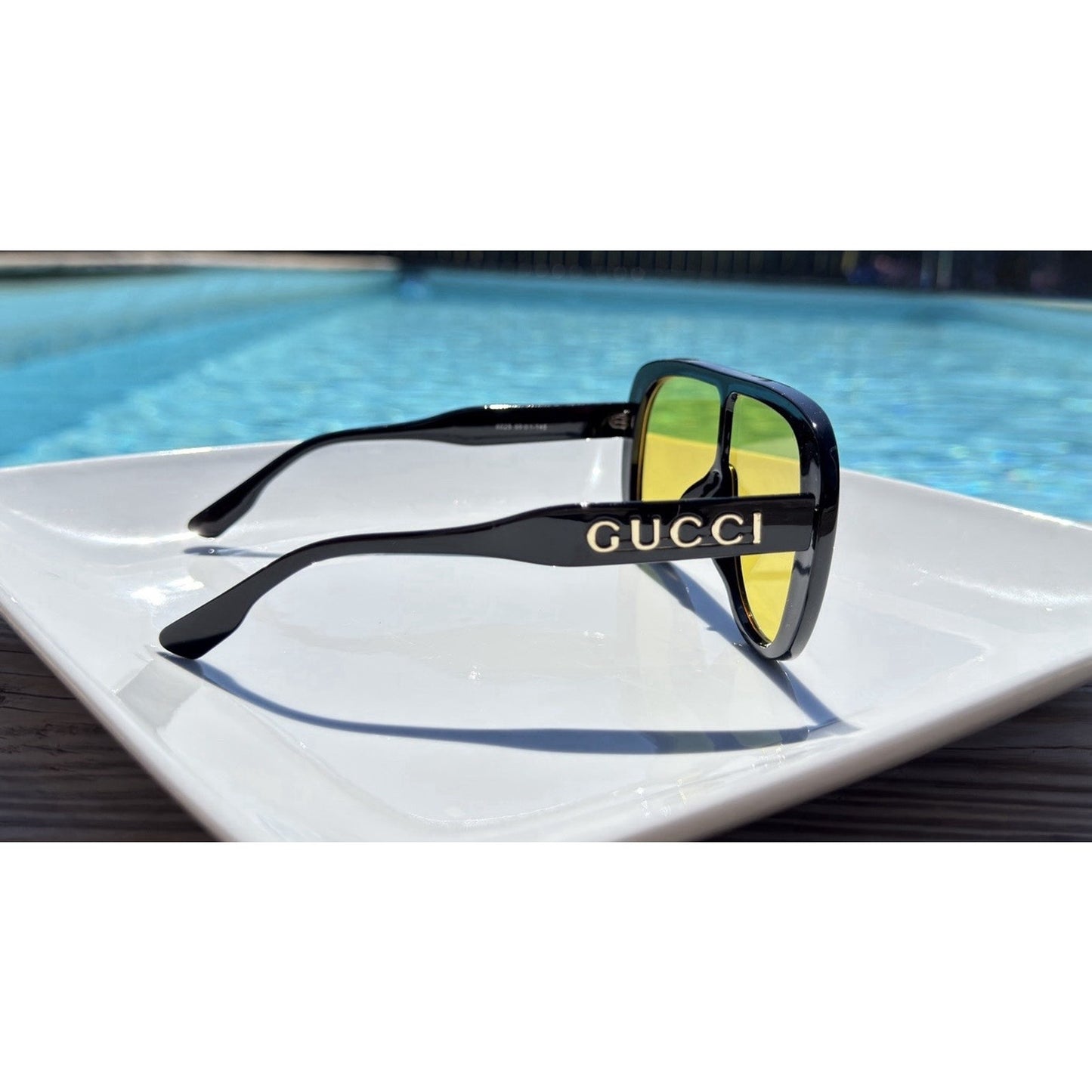 Gucci Sunglasses Black Oversized Shield Aviator Mask Yellow Lens Gold Logo 6025