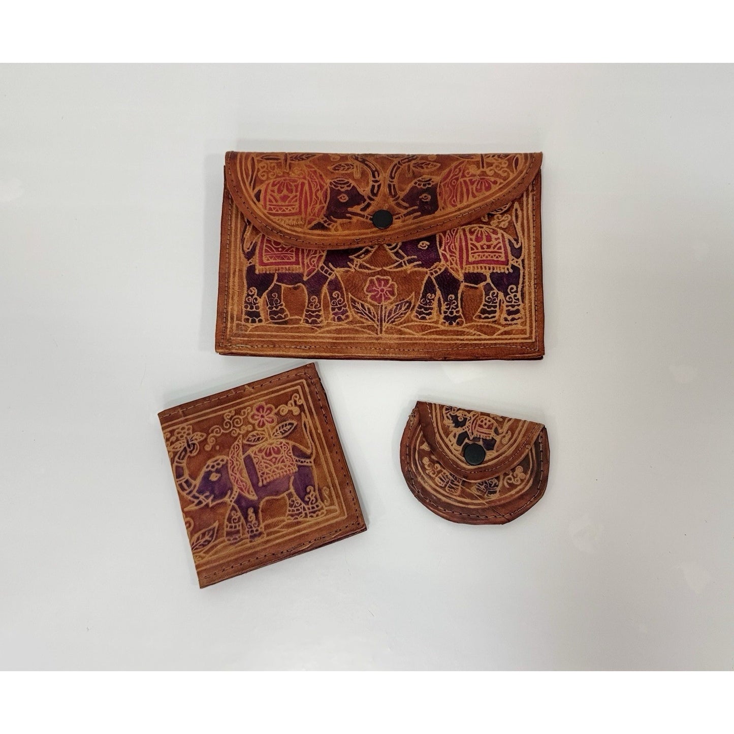 Vintage 3-Piece Leather Elephant Clutch Wallet Coin Hand Tooled India