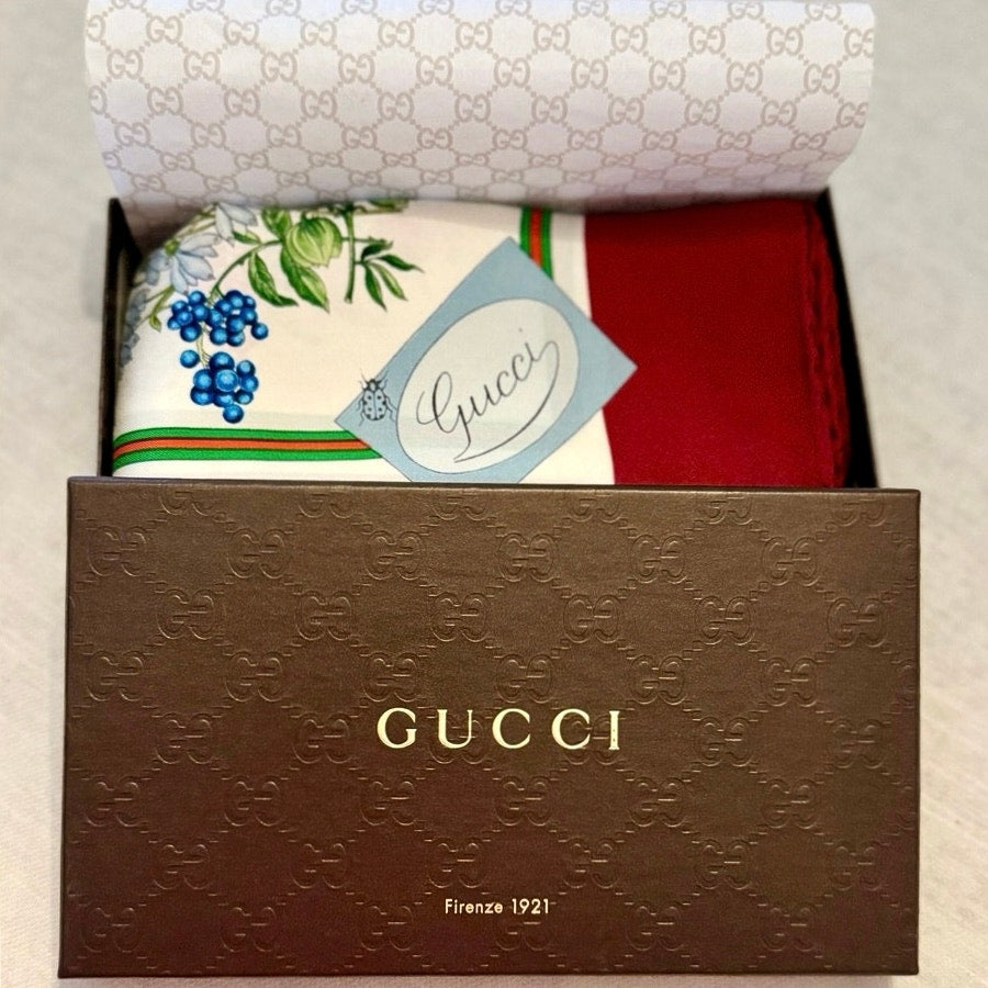 Rare Vintage Gucci Flora Silk Scarf – Burgundy Border, Birds, Rare Ladybug