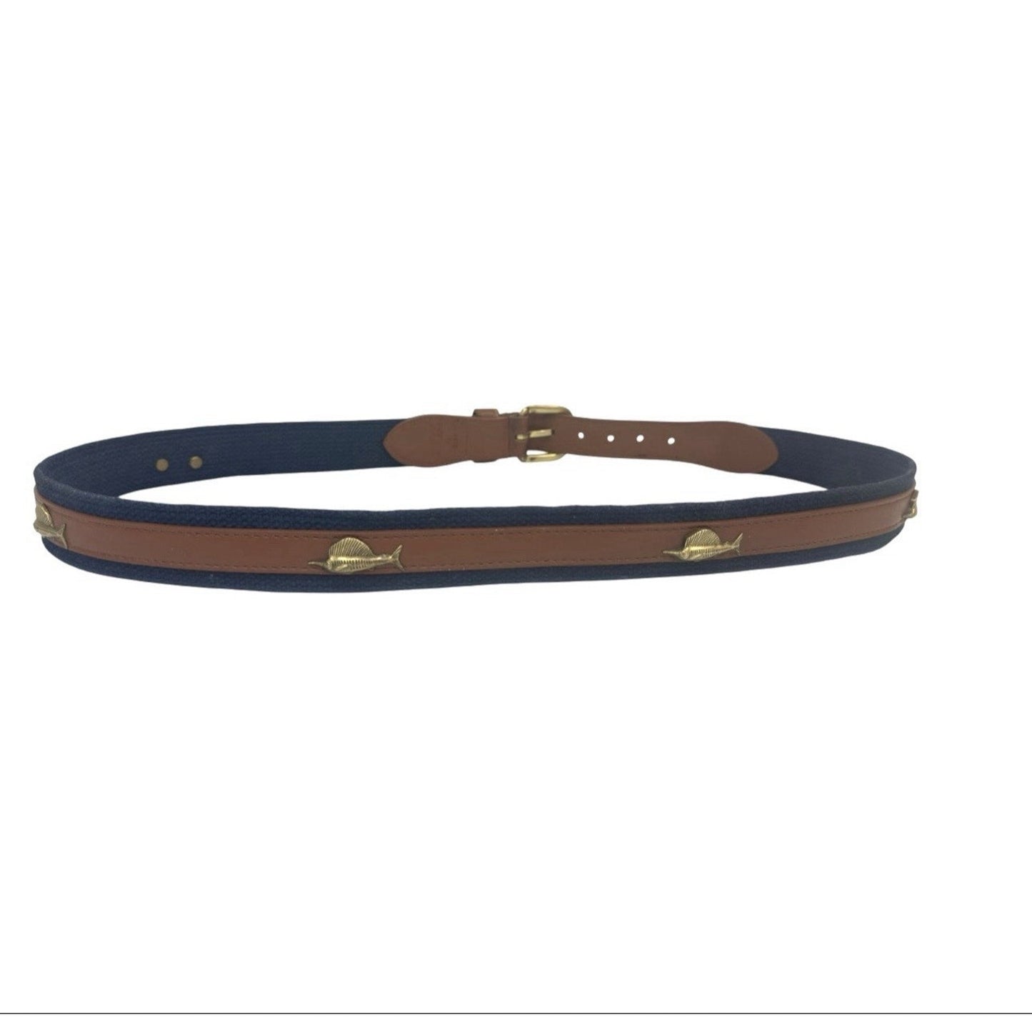 Sailfish Leather Ribbon Belt Brown & Navy Brass Fish Concho Size 38