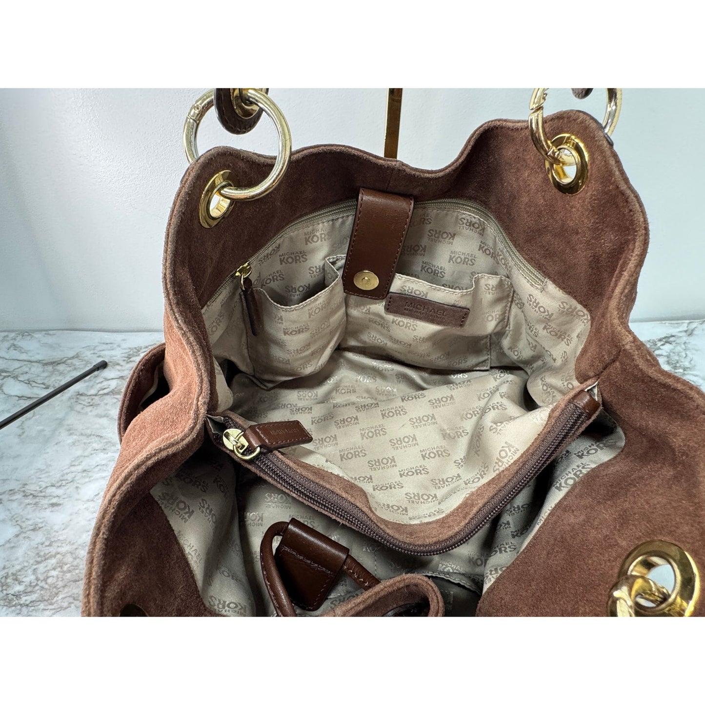 Michael Kors Brown Suede Leather Hobo Shoulder Bag | Gold Hardware, Pockets