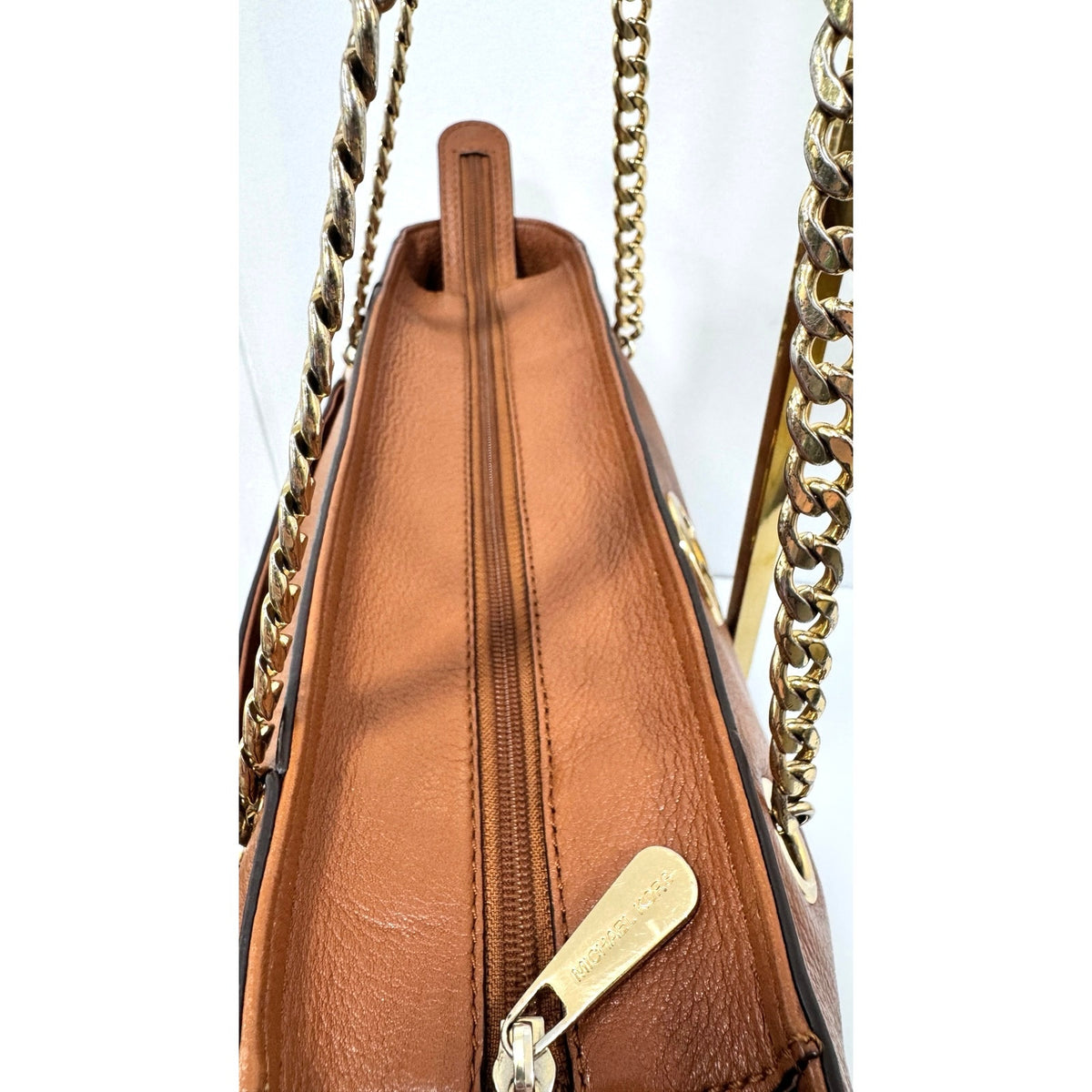 Michael Kors Fulton Large Chain Shoulder Tote Bag Luggage Brown