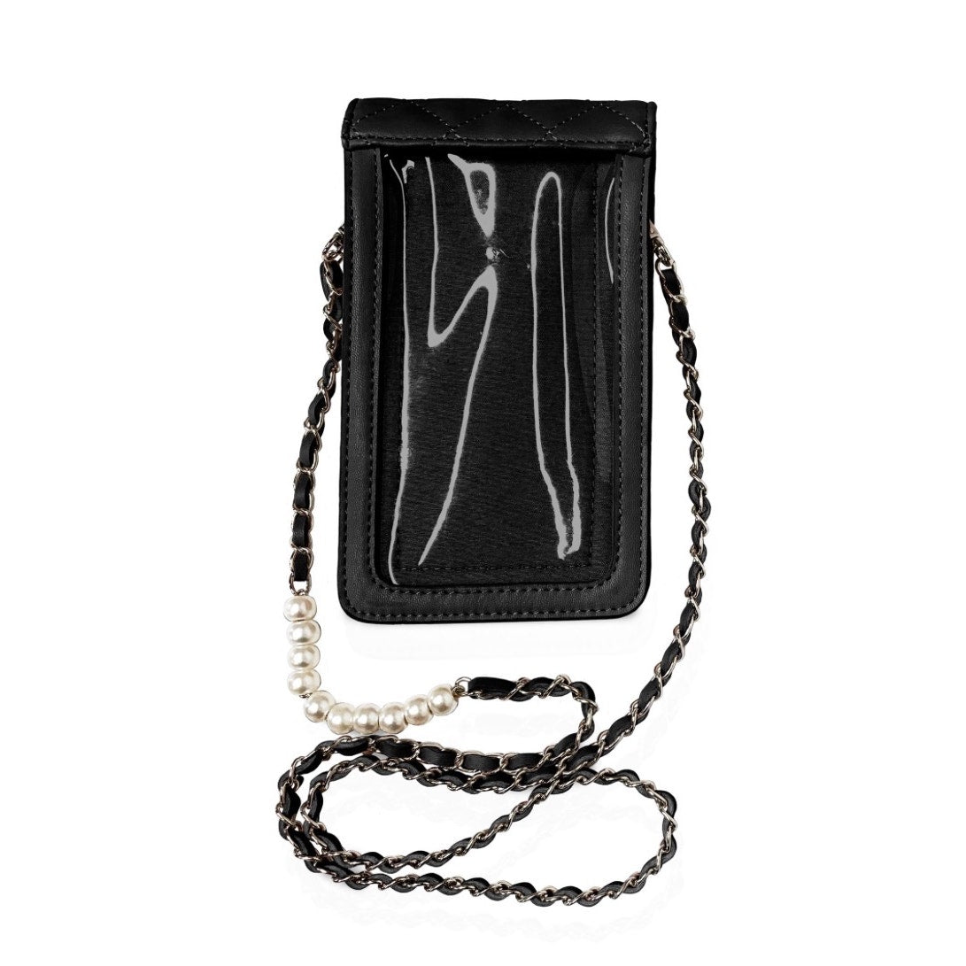 Badgley Mischka Quilted Pearl Chain Crossbody Phone Case – Vegan Leather, Black