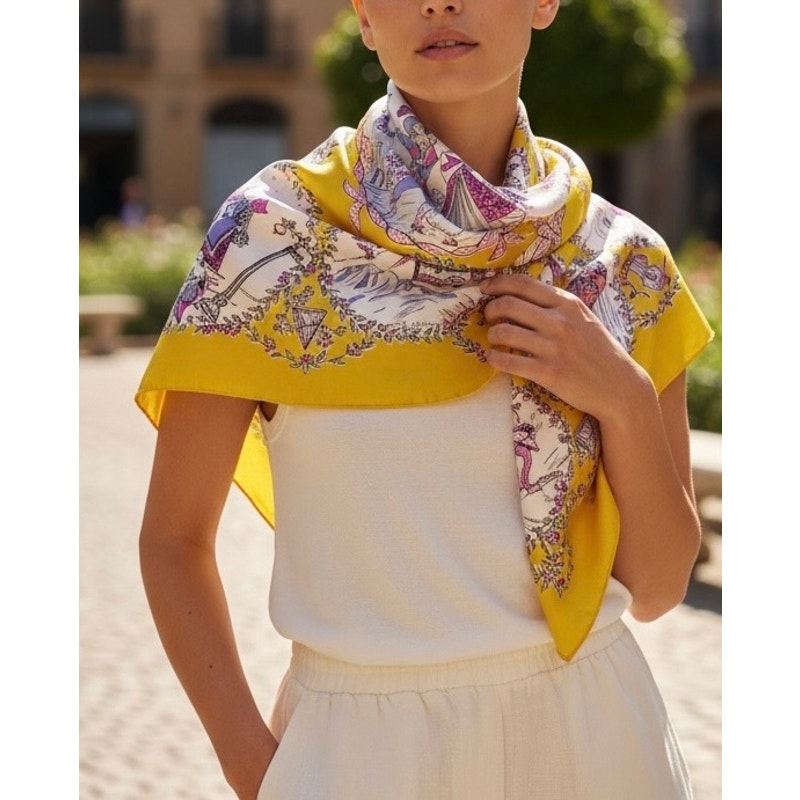 Vintage 1950s Silk Folk Song Scarf – 9 Scenes, Hand Rolled Yellow Hot Pink Print