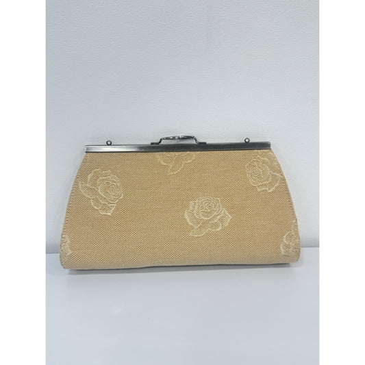 Vintage Liz Claiborne Jute Kiss Lock Embroidered Rose Clutch Evening Bag Purse