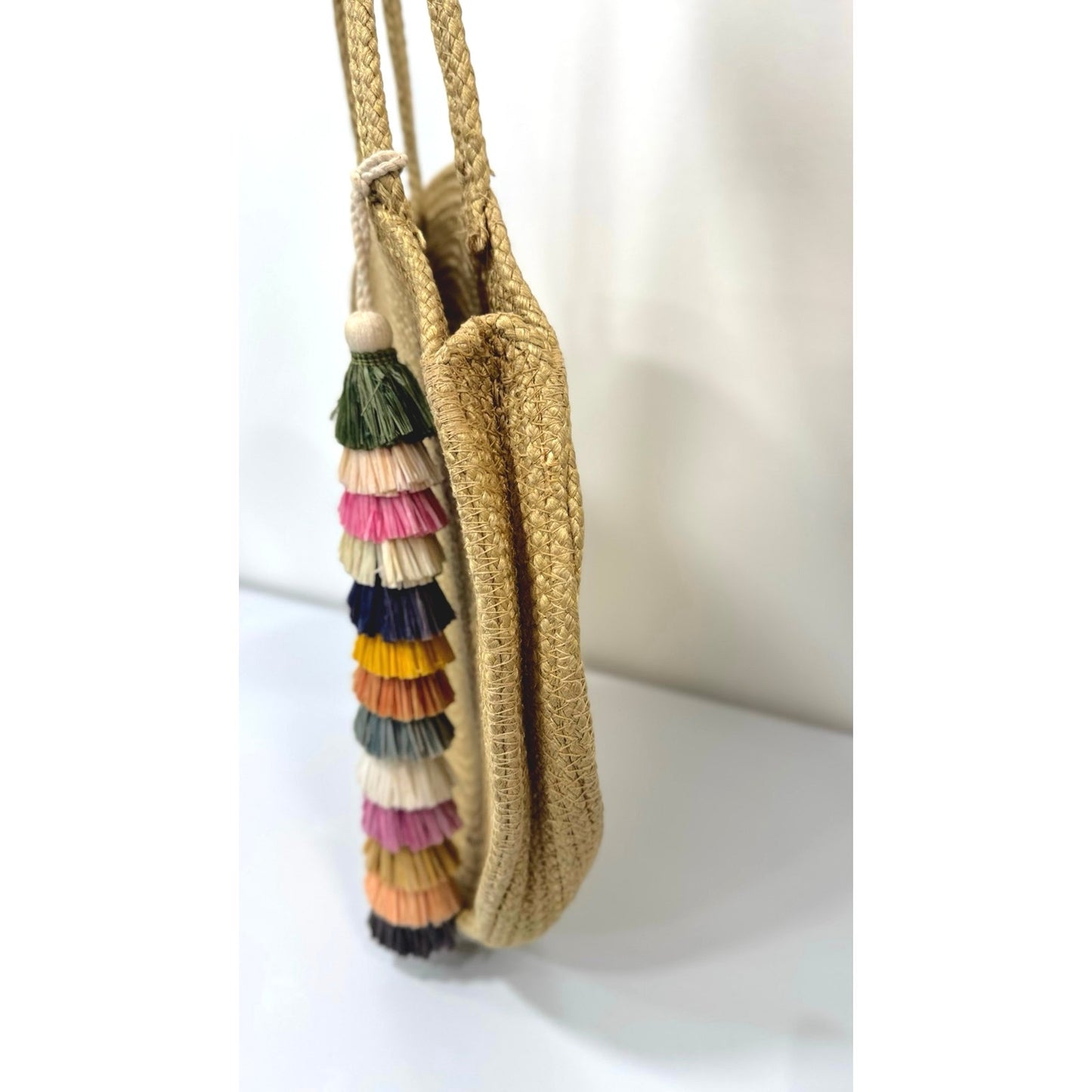Round Woven Jute Blend Tote Shoulder Bag Colorful Tassel Charm Boho Beach Summer