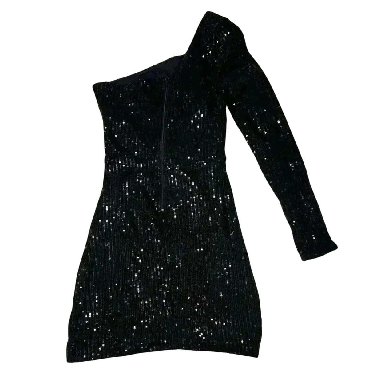 Black Sequin One-Shoulder Long Sleeve Mini Bodycon 
Dress Size Small