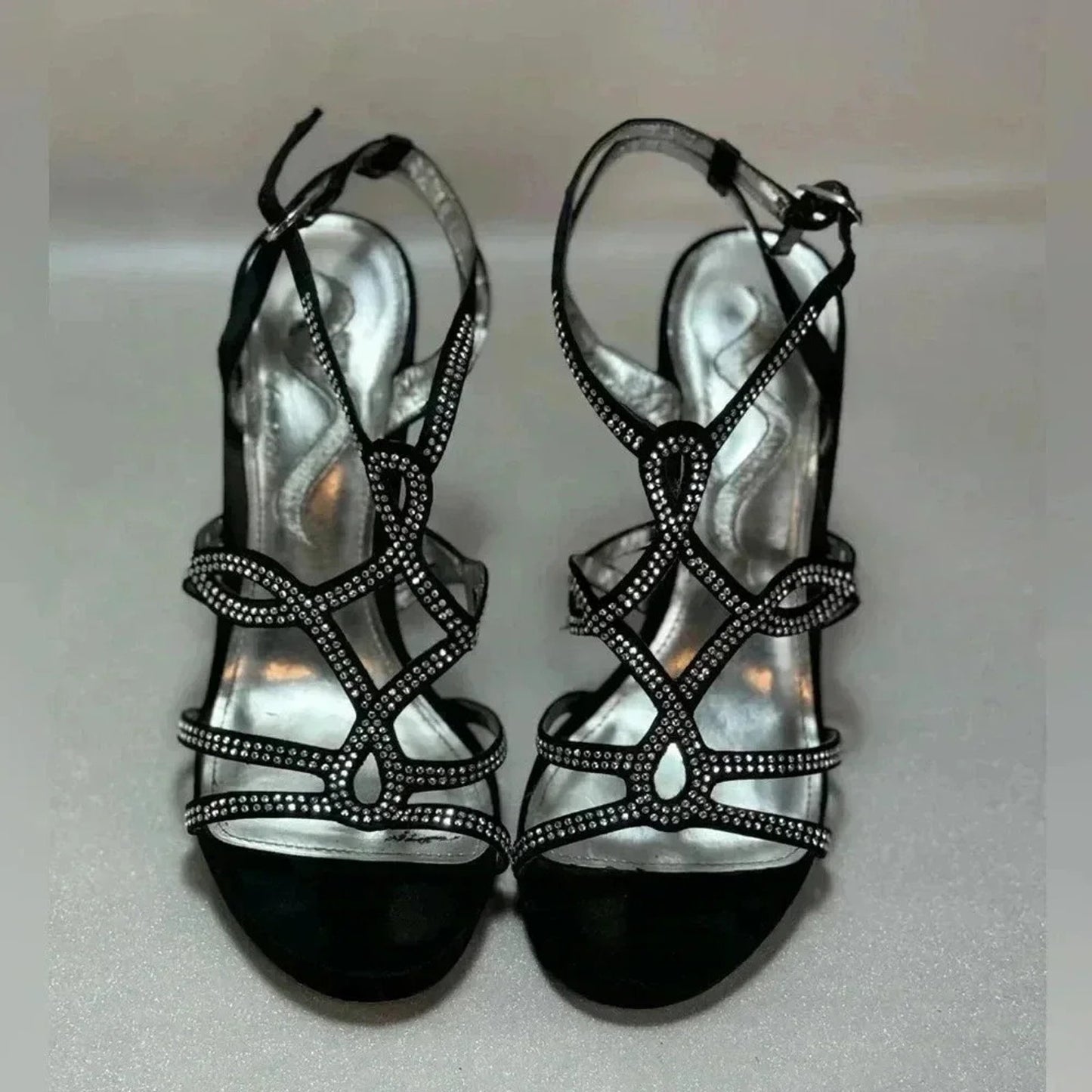 Nina Black Ankle Strap High-Heel Sandal w/ Rhinestone Straps Size 7.5
