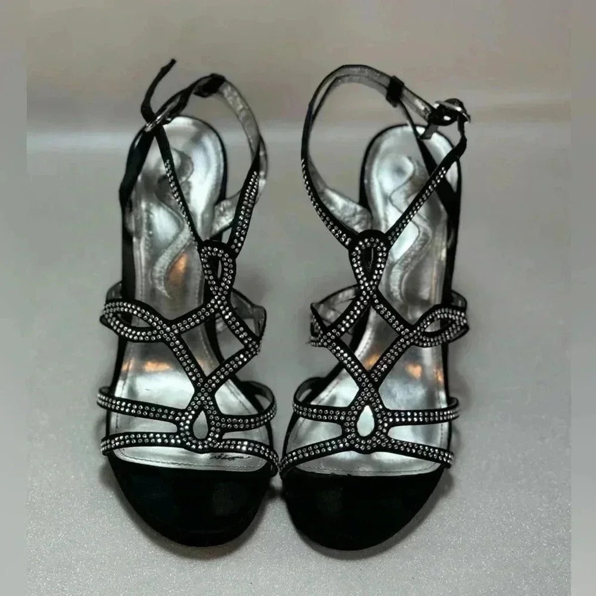 Nina Black Ankle Strap High-Heel Sandal w/ Rhinestone Straps Size 7.5