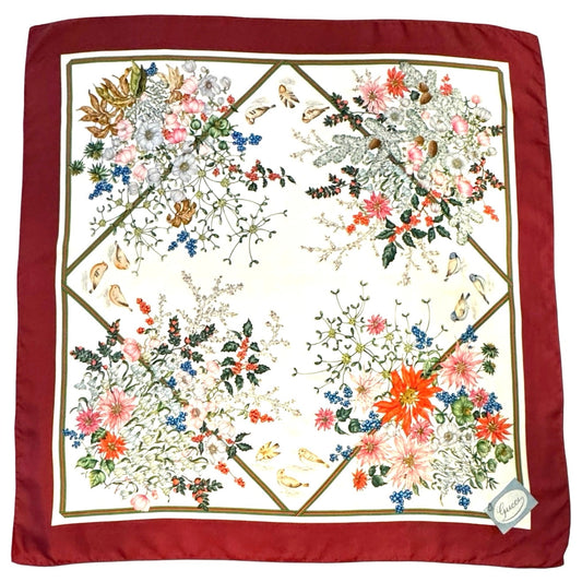 Rare Vintage Gucci Flora Silk Scarf – Burgundy Border, Birds, Rare Ladybug