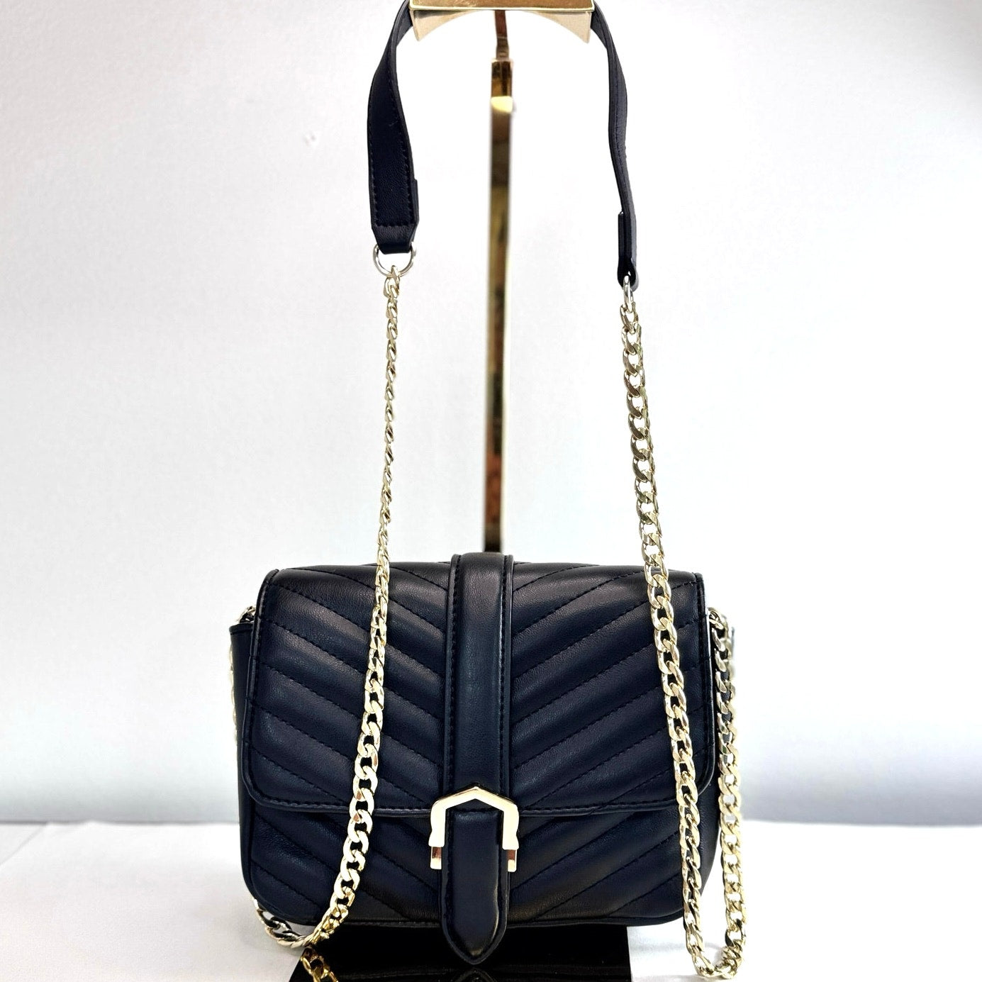 TOPSHOP Quilted Black Crossbody Bag with Gold Chain Strap