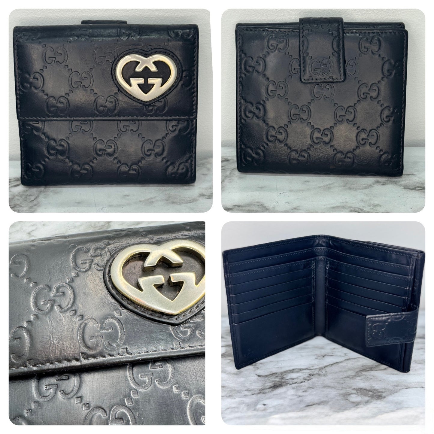 Gucci Guccissima GG Heart Black Leather Bifold Wallet