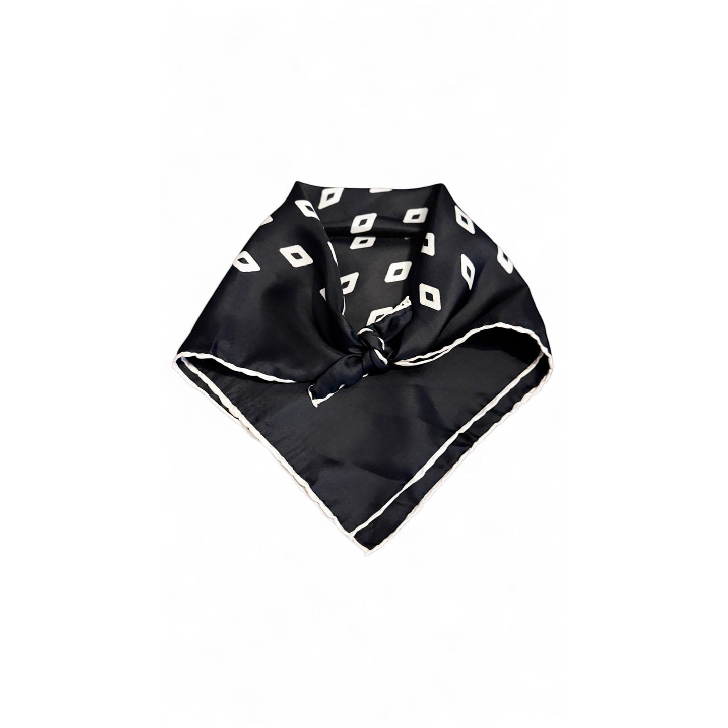 Vintage Silk Square Hand-Rolled Hem | Black & White Geometric Diamond Print