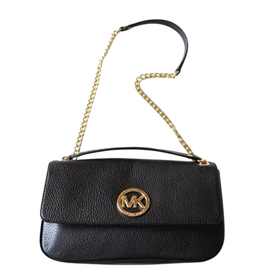 Michael Kors Fulton Flap Black Leather Shoulder Bag Gold Chain Strap