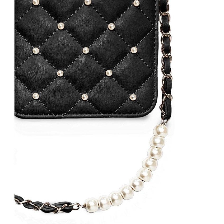 Badgley Mischka Quilted Pearl Chain Crossbody Phone Case – Vegan Leather, Black