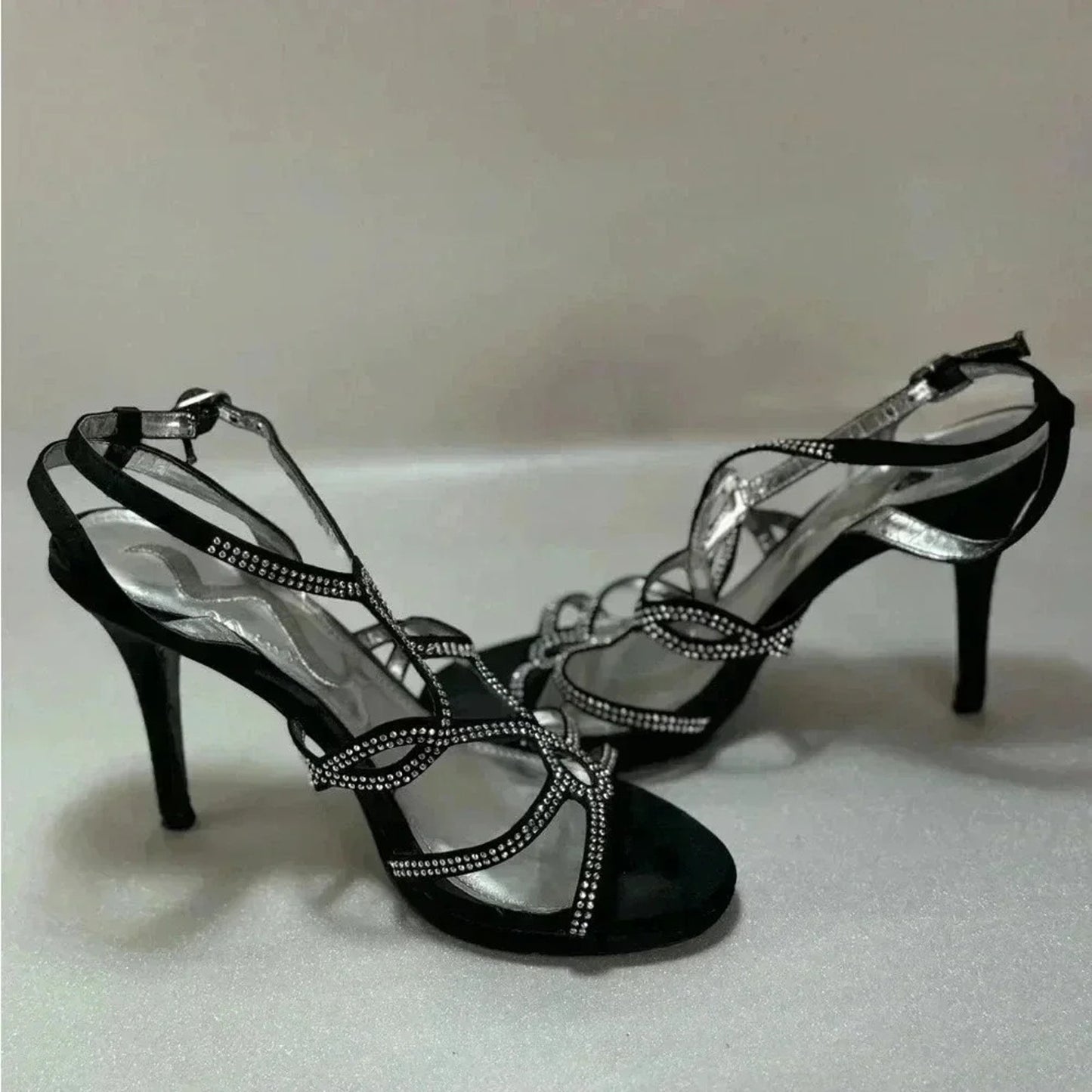 Nina Black Ankle Strap High-Heel Sandal w/ Rhinestone Straps Size 7.5