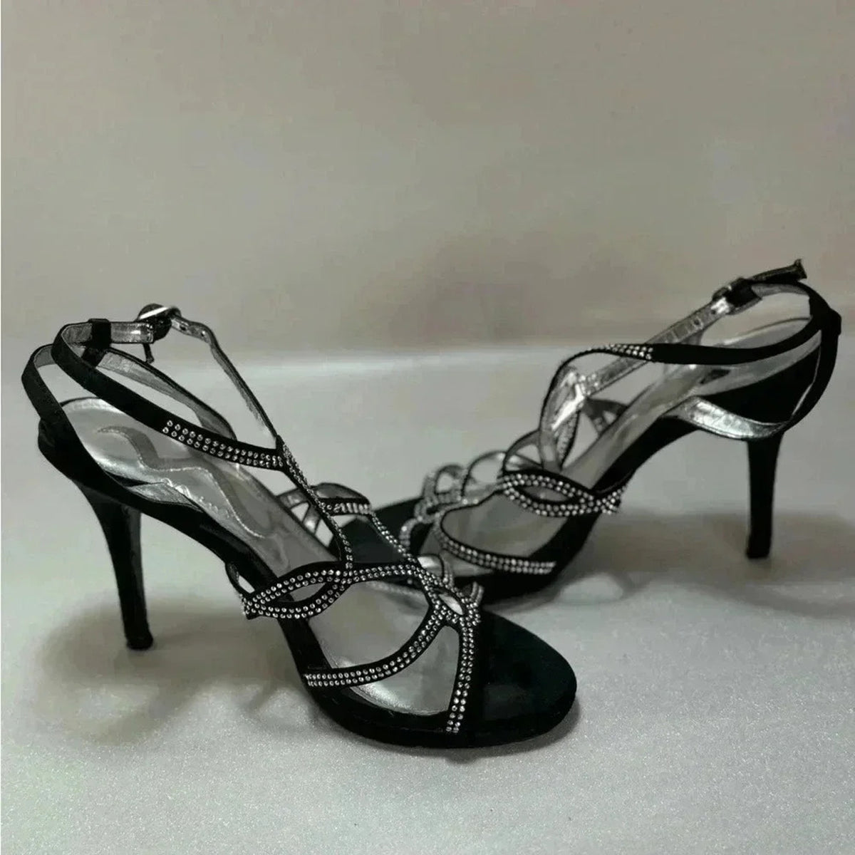 Nina Black Ankle Strap High-Heel Sandal w/ Rhinestone Straps Size 7.5