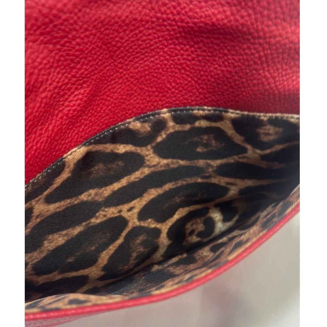 Sondra Roberts Squared Red Foldover Clutch Crossbody Leopard Lining