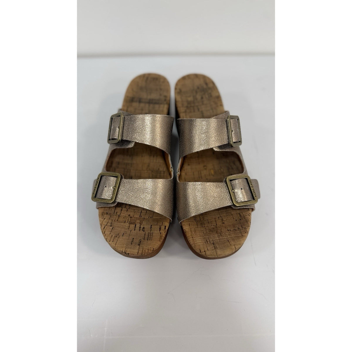 Kork Ease Saffron Slide Wedge Clog Sandals Metallic Gold Leather Strap 8 Studded