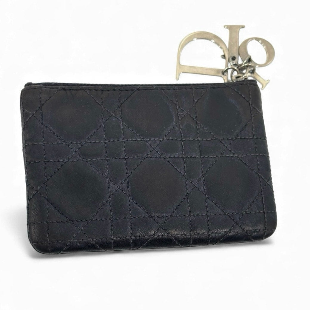 Christian Dior Black Lambskin Leather Zip Wallet Card Key Holder