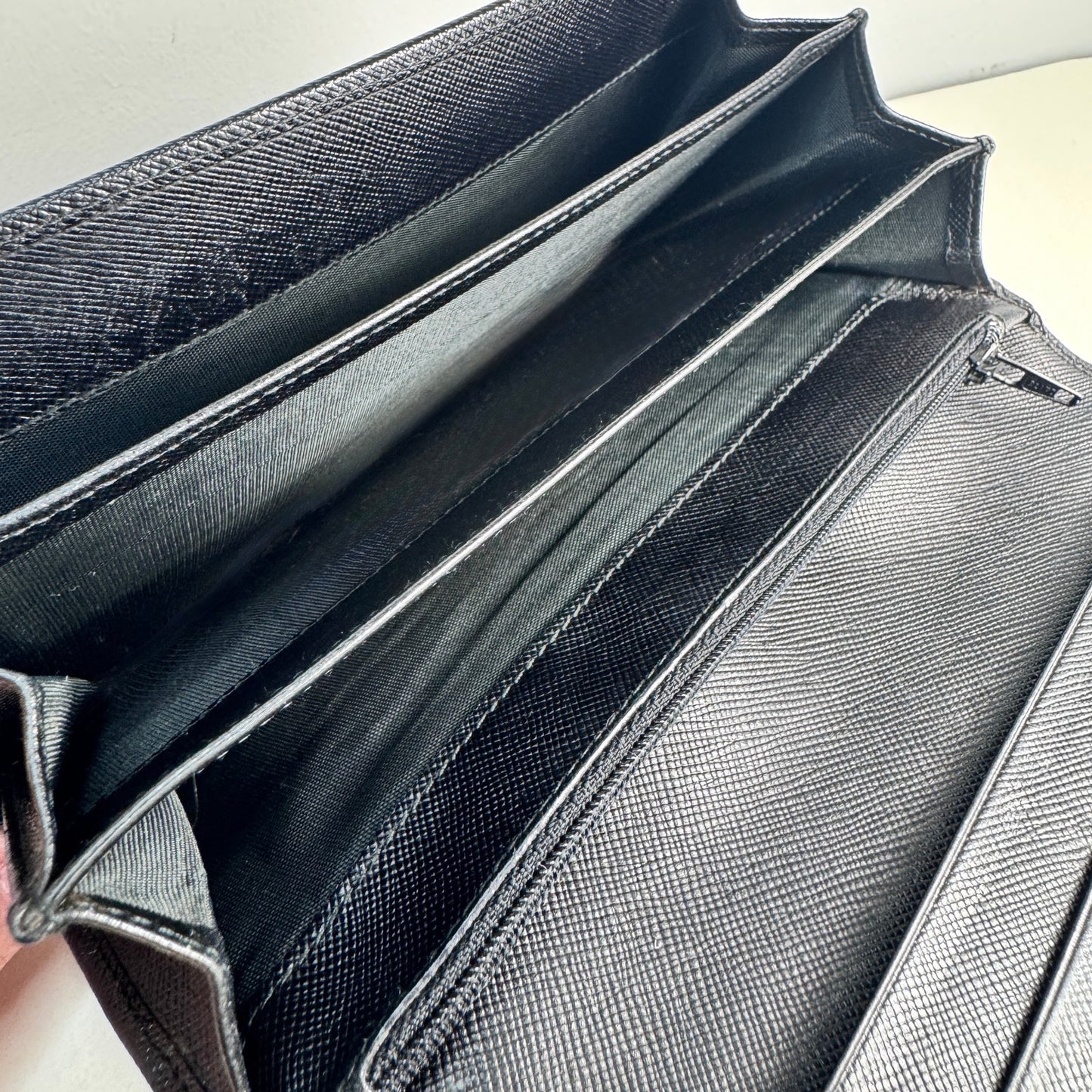 Prada Saffiano Black Leather Flap Continental Long Wallet with Chain