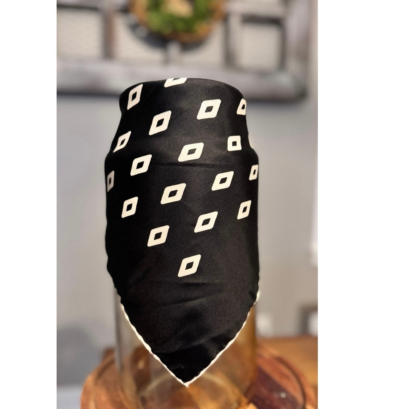 Vintage Silk Square Hand-Rolled Hem | Black & White Geometric Diamond Print
