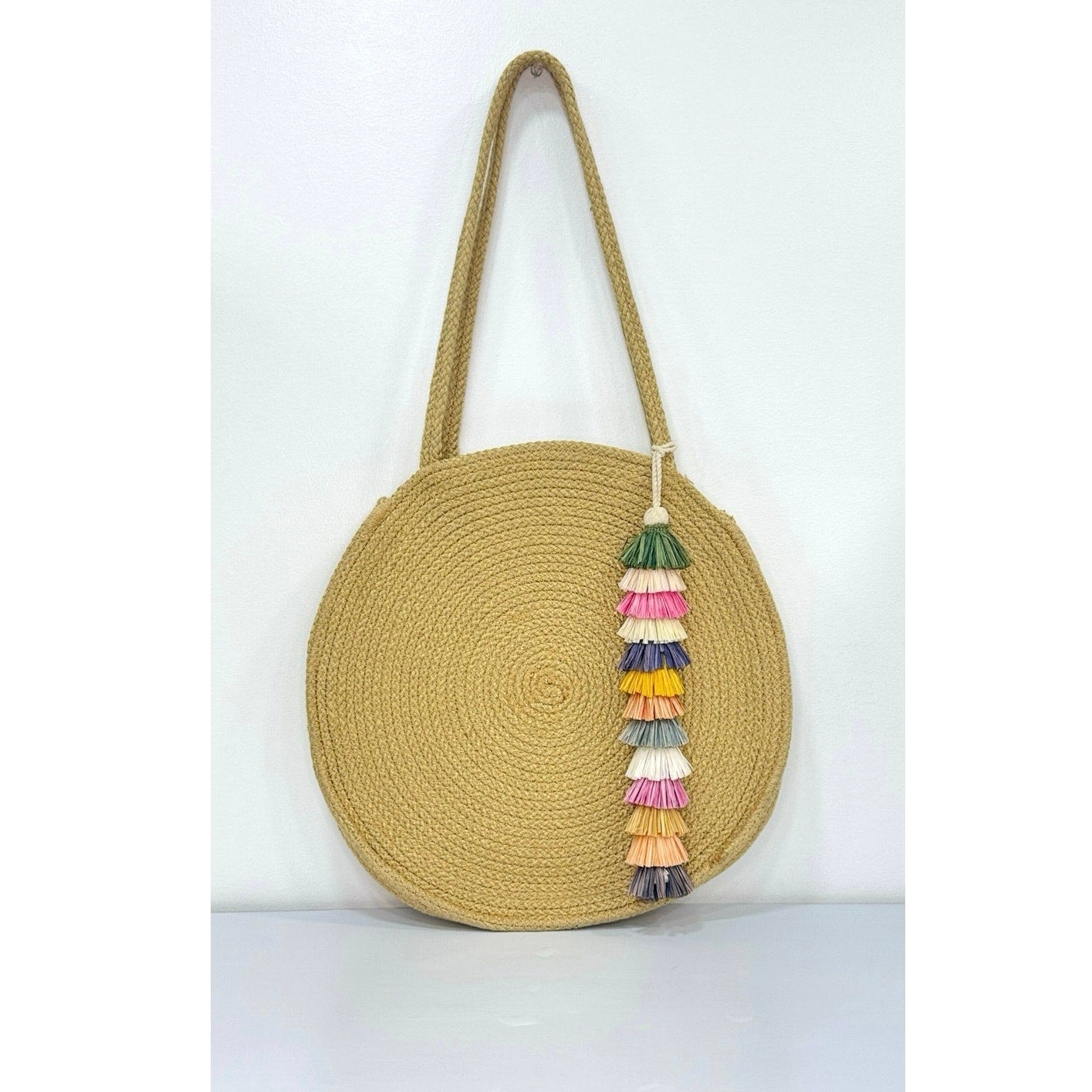 Round Woven Jute Blend Tote Shoulder Bag Colorful Tassel Charm Boho Beach Summer