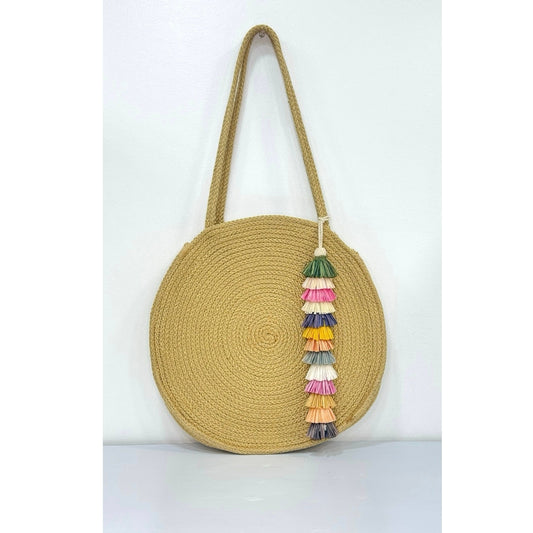 Round Woven Jute Blend Tote Shoulder Bag Colorful Tassel Charm Boho Beach Summer