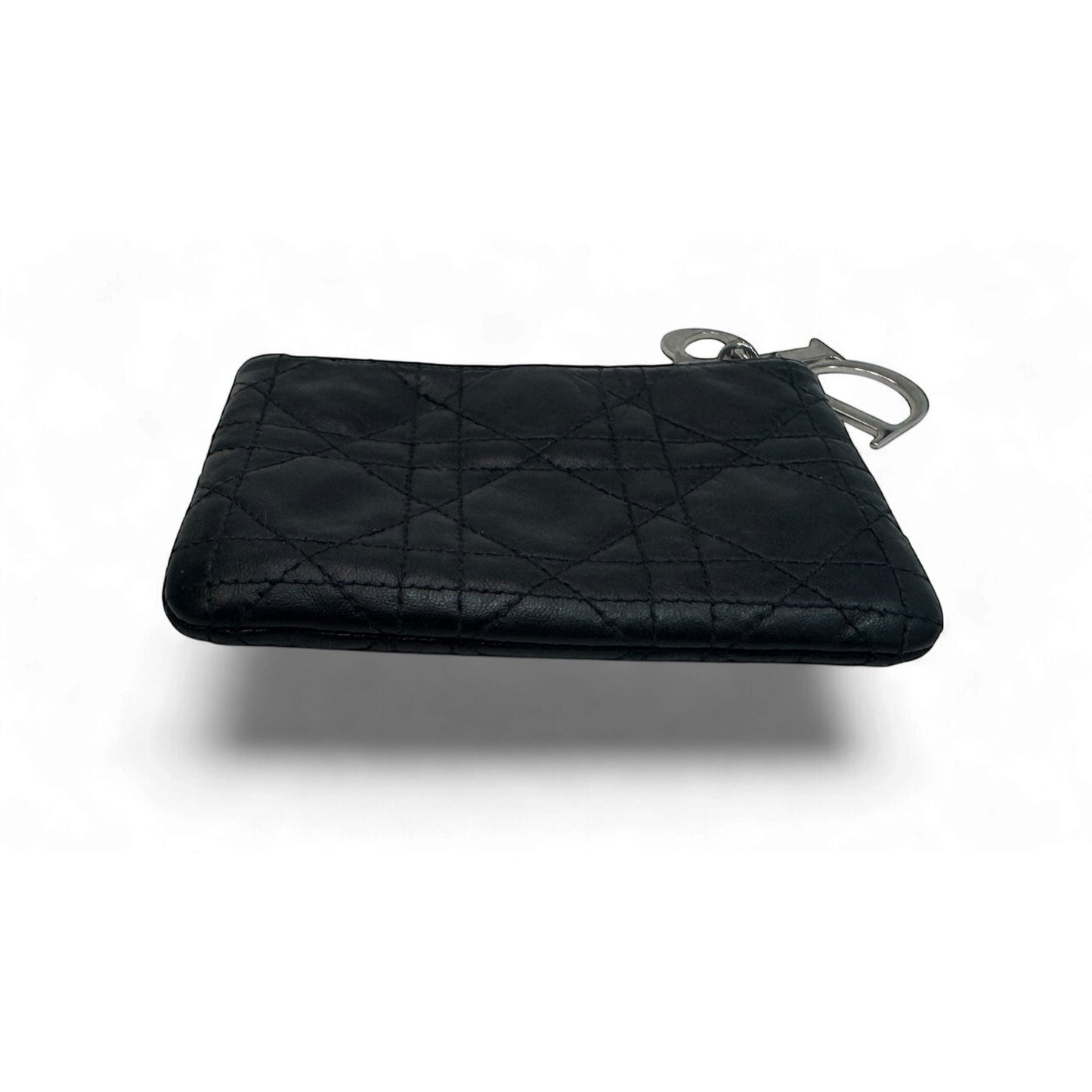 Christian Dior Cannage Quilted Black Leather Zip Pouch Dior Charm