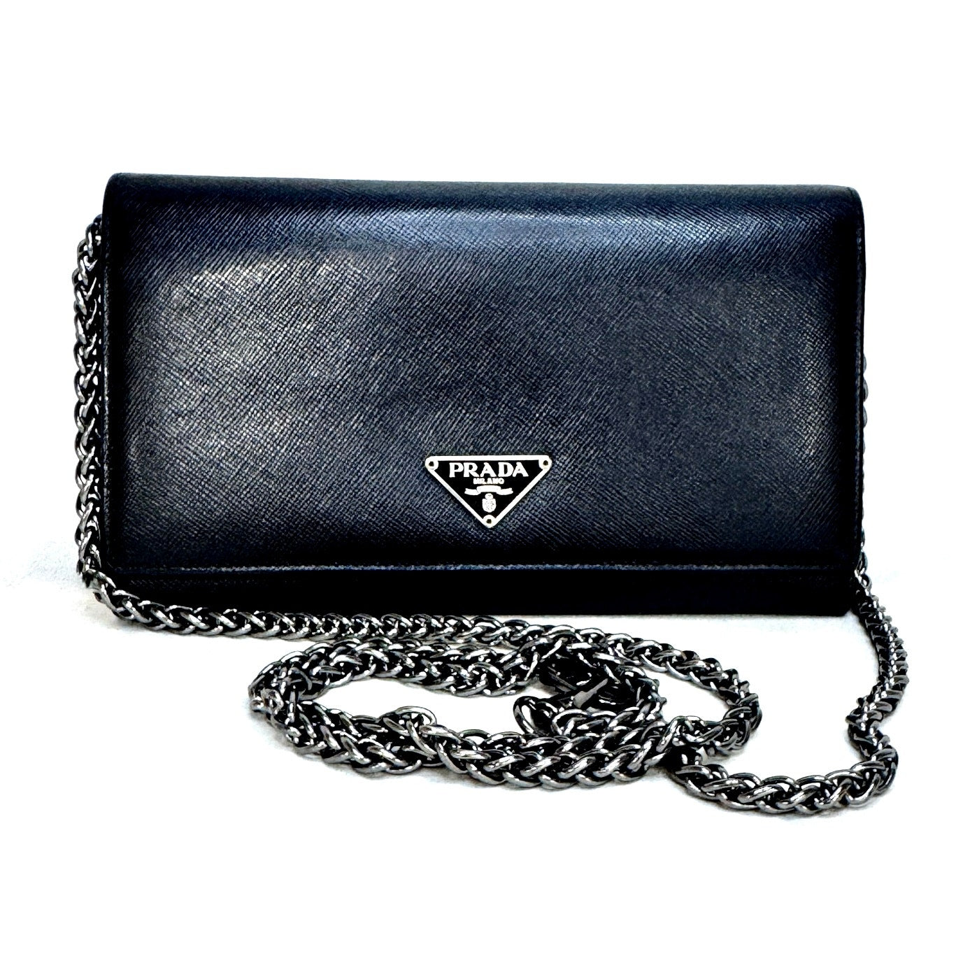 Prada Saffiano Black Leather Flap Continental Long Wallet with Chain