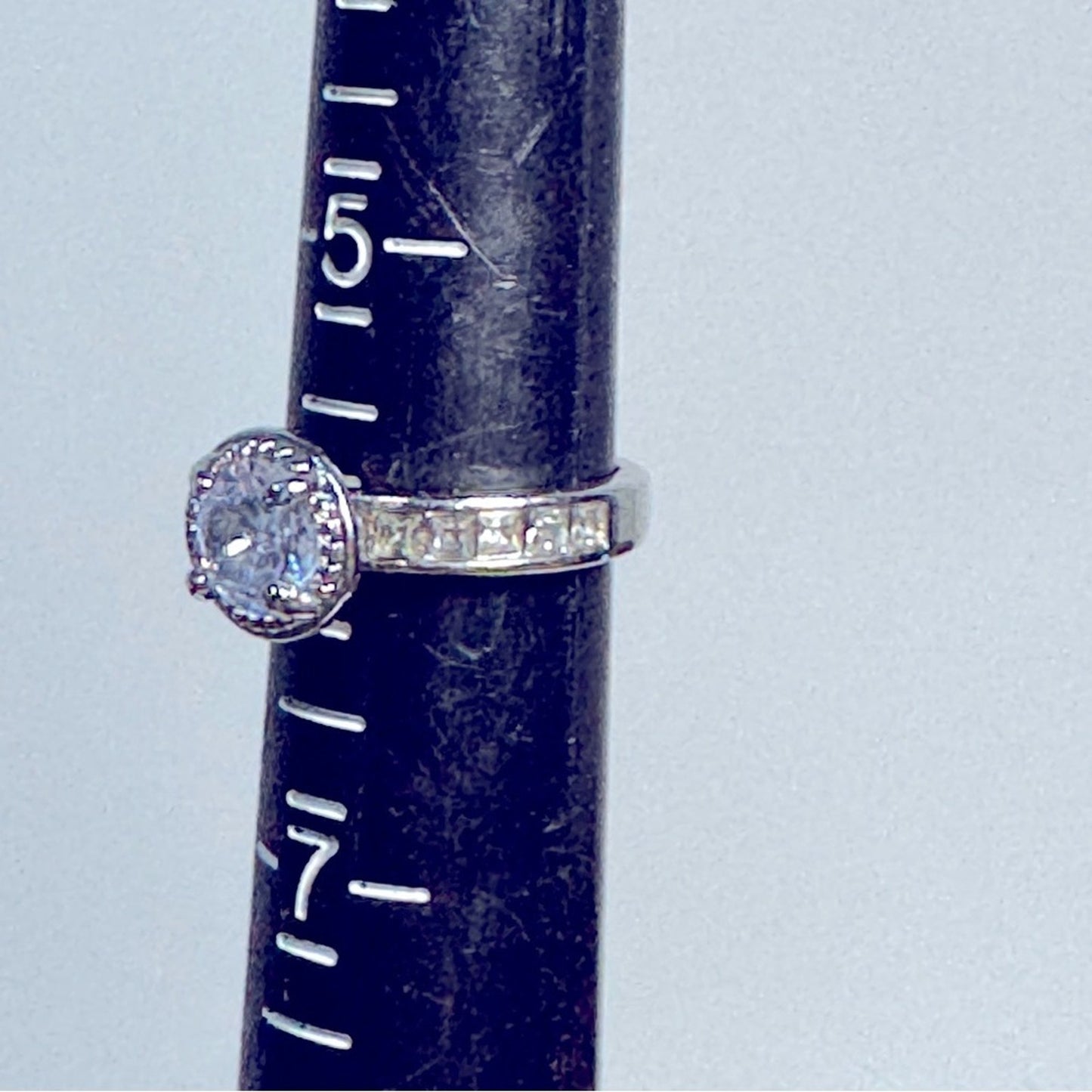 Silver Tone Fashion Ring with Round Center Stone & Channel Set Band - Size 6