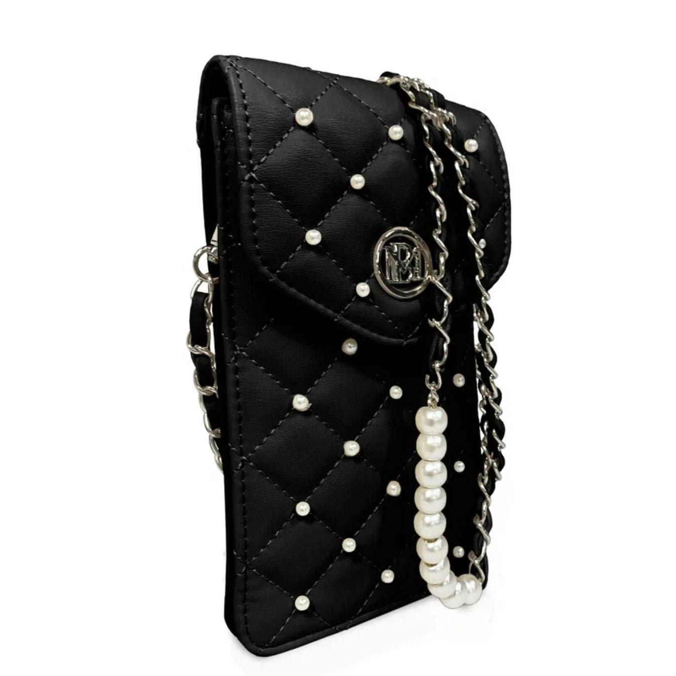 Badgley Mischka Quilted Pearl Chain Crossbody Phone Case – Vegan Leather, Black