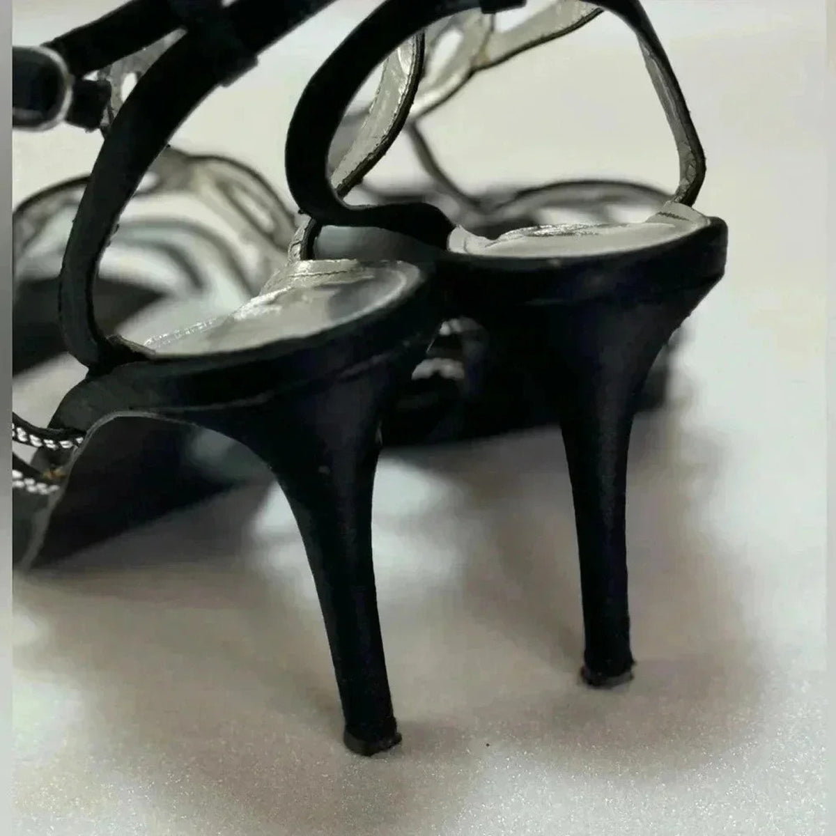 Nina Black Ankle Strap High-Heel Sandal w/ Rhinestone Straps Size 7.5