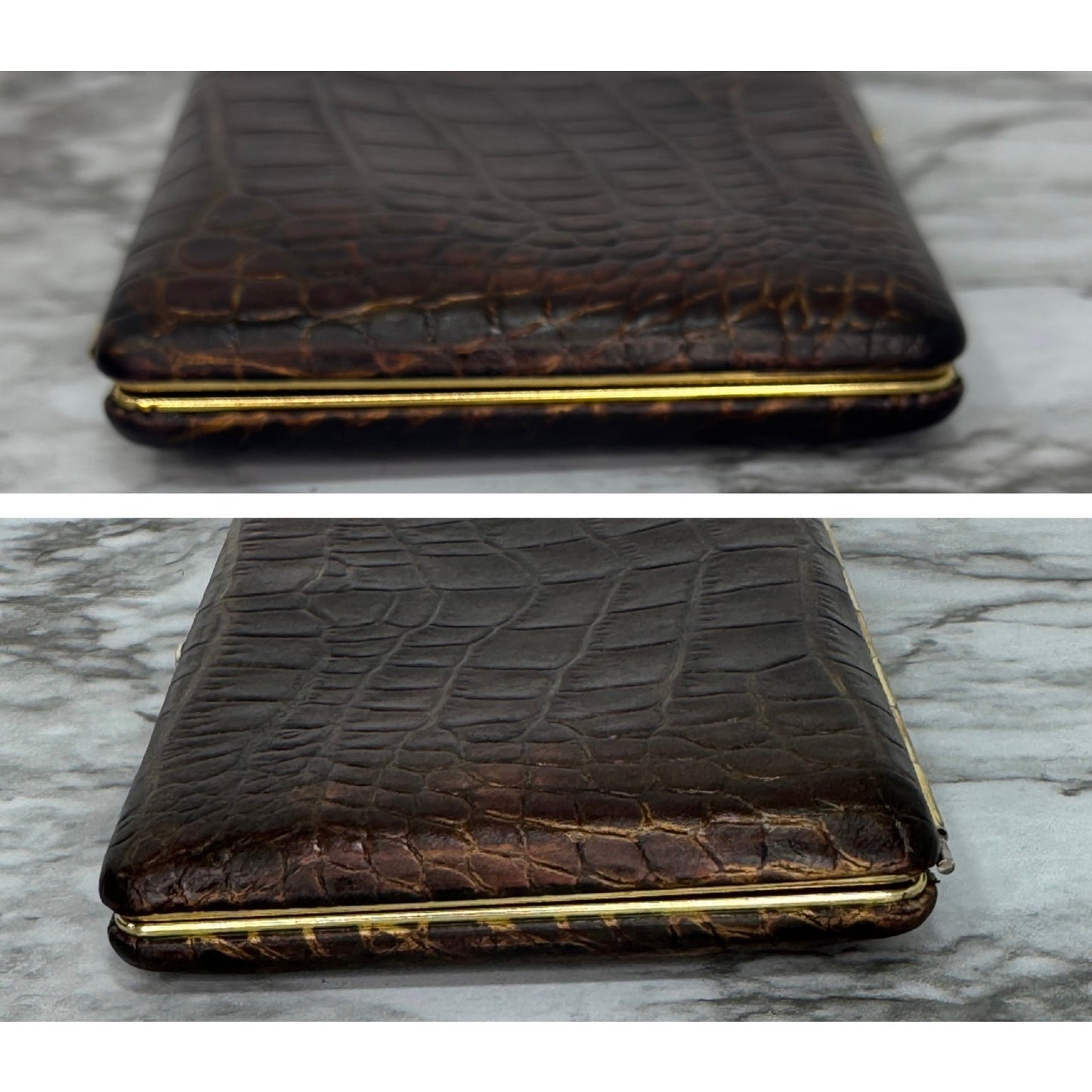 Abas Vintage Framed Clutch Wallet Brown Croc Embossed Leather Cache