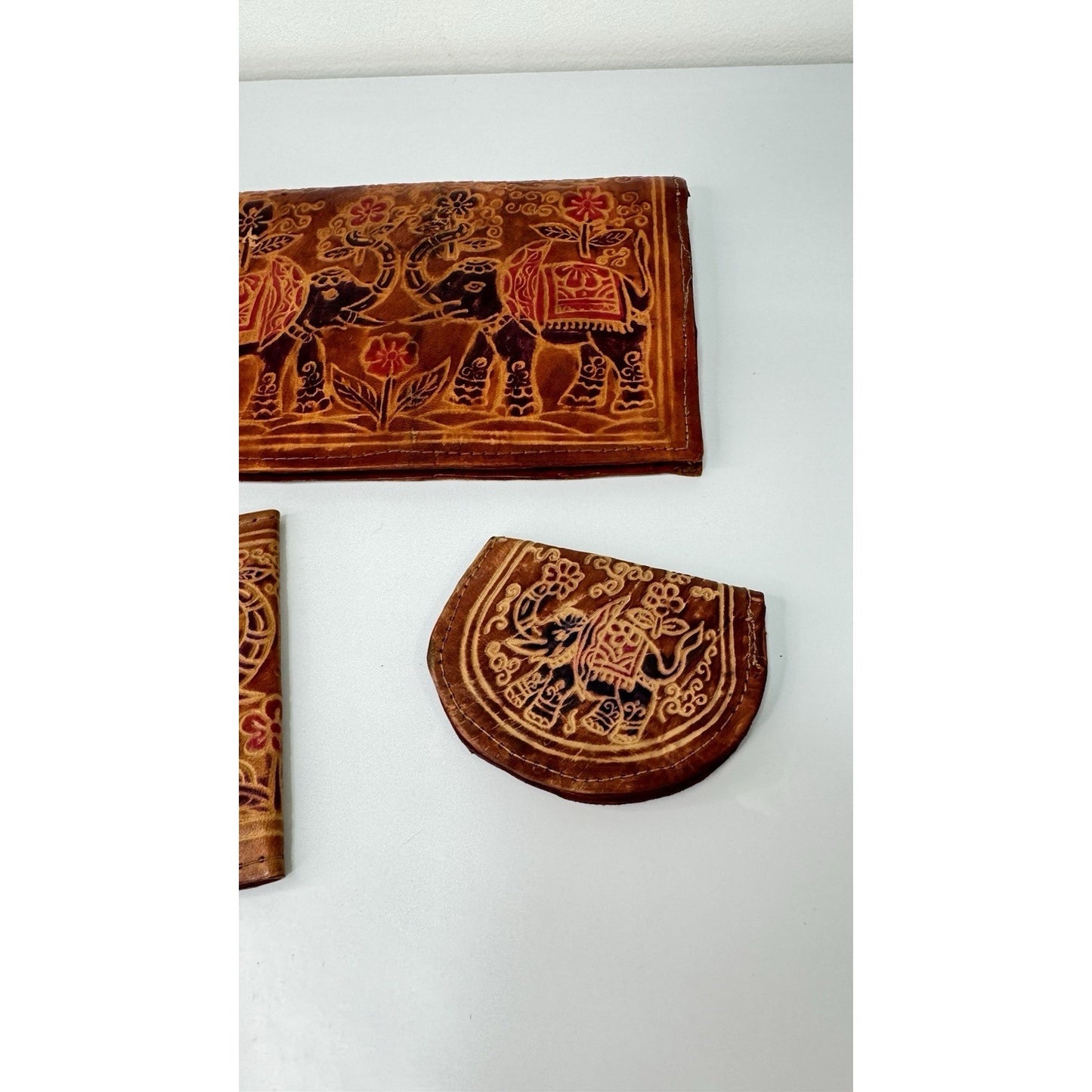Vintage 3-Piece Leather Elephant Clutch Wallet Coin Hand Tooled India