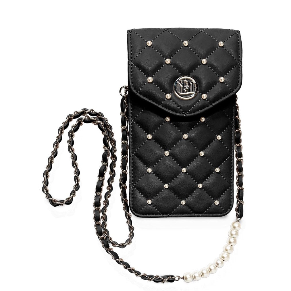 Badgley Mischka Quilted Pearl Chain Crossbody Phone Case – Vegan Leather, Black
