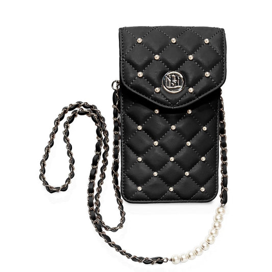 Badgley Mischka Quilted Pearl Chain Crossbody Phone Case – Vegan Leather, Black