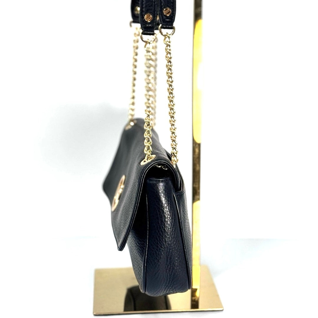Michael Kors Fulton Flap Black Leather Shoulder Bag Gold Chain Strap