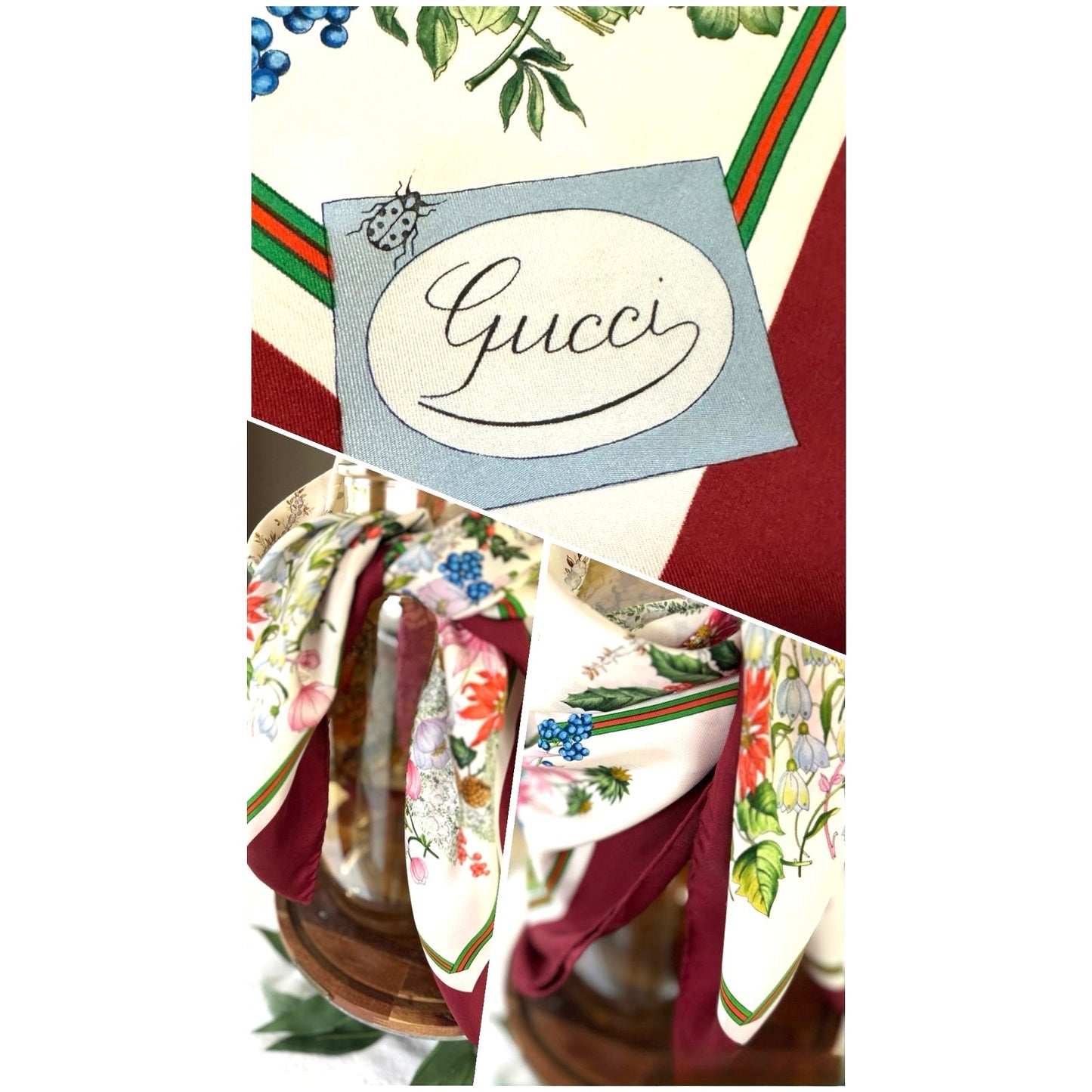 Rare Vintage Gucci Flora Silk Scarf – Burgundy Border, Birds, Rare Ladybug